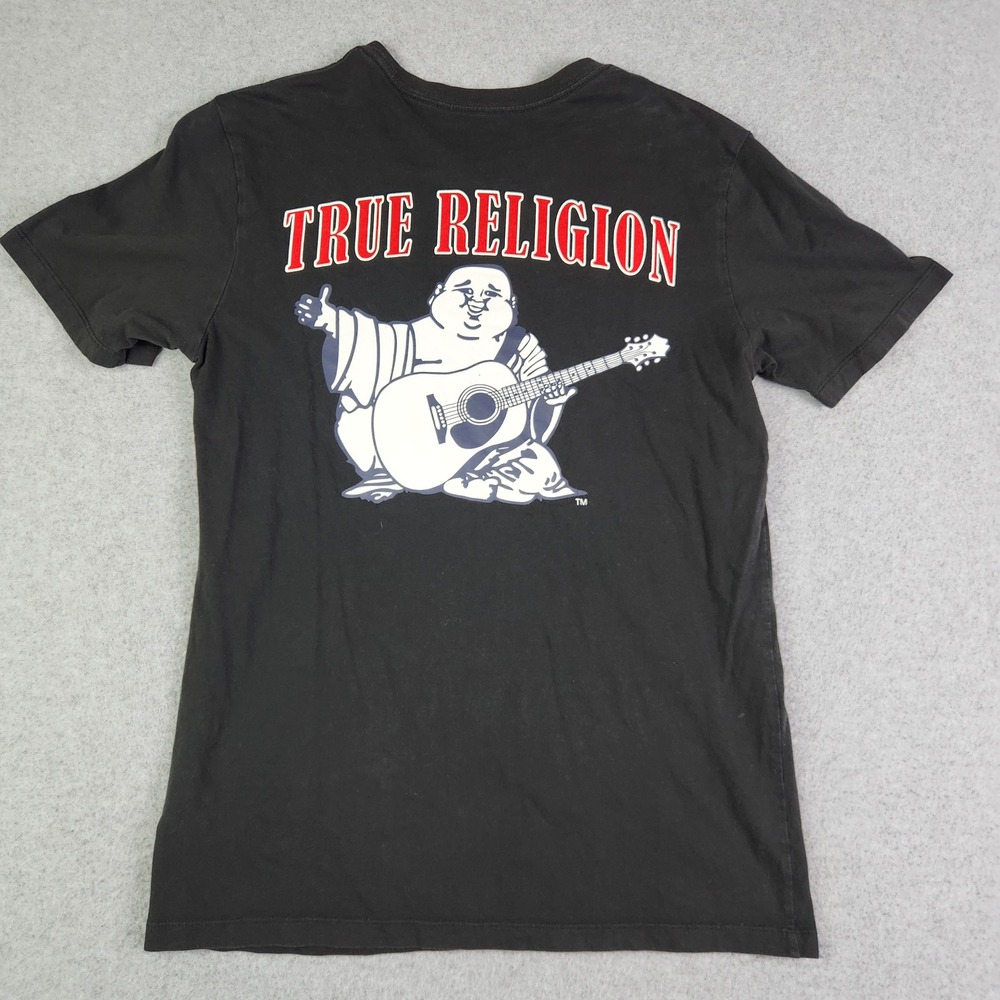 True Religion T Shirt Mens Small Black Cotton Regular Fit Crewneck Buddha Logo